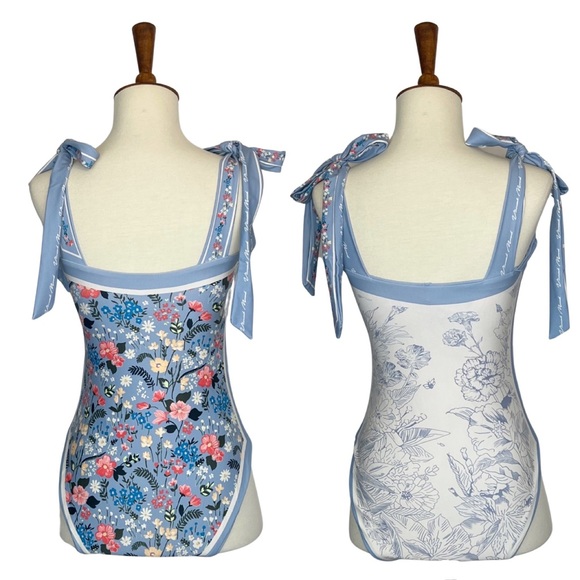 Retro Blue and White Floral Reversible Swimsuit with Shoulder Ties - Picture 10 of 16